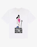 White cotton Instructor tee, front view, with an eighties poster illustration of a skier in a pink one-piece