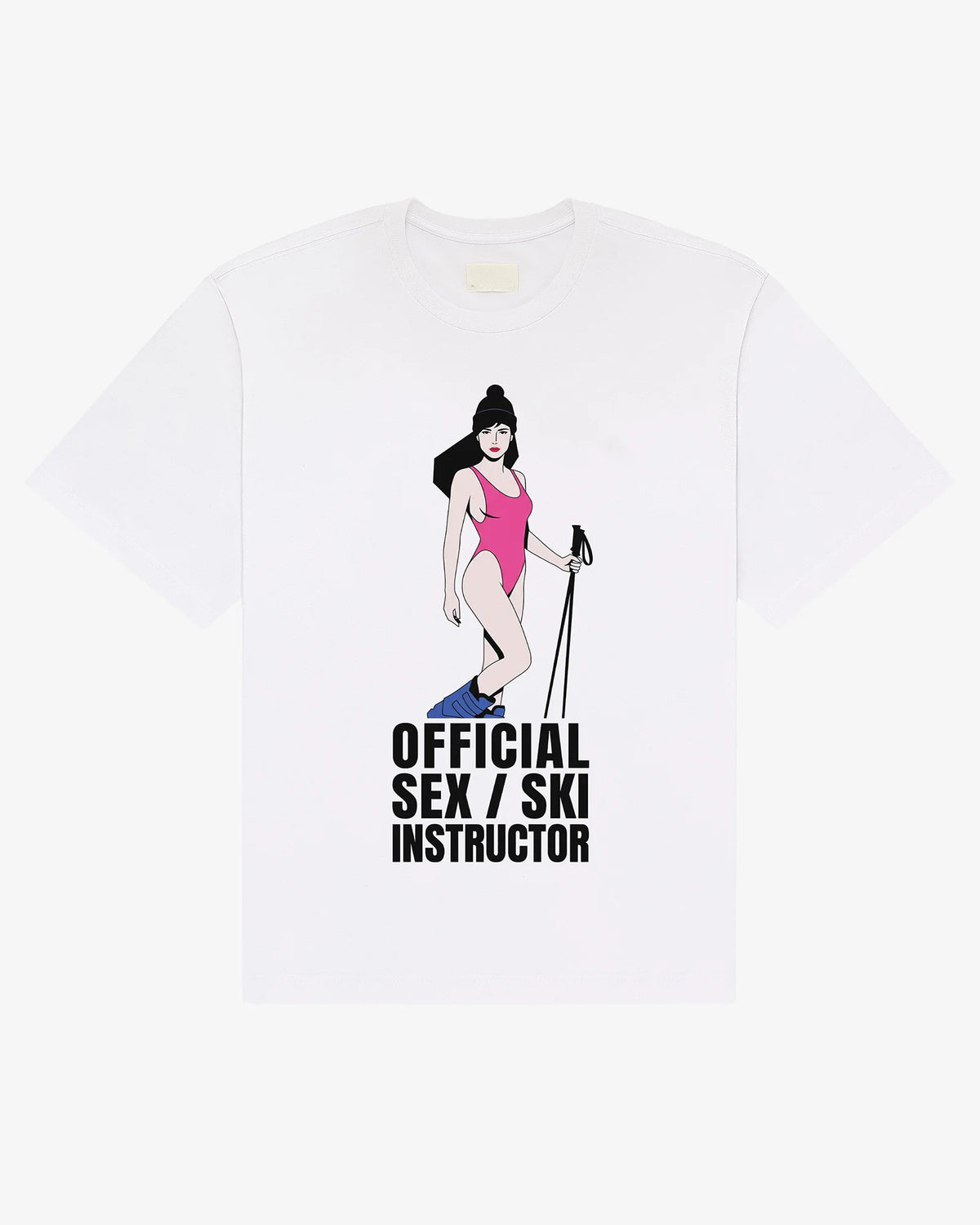White cotton Instructor tee, front view, with an eighties poster illustration of a skier in a pink one-piece