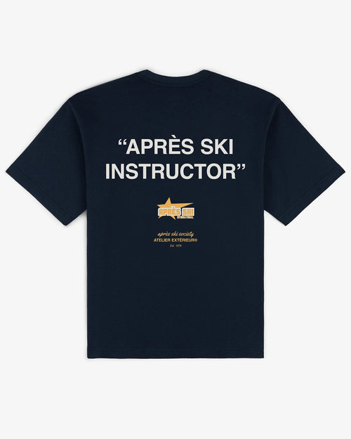 Navy Après Ski Instructor tee, back print, flat lay - Atelier Extérieur