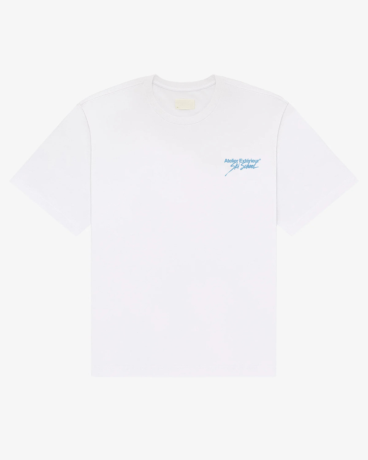 White Julia tee, front view, with a small chest print