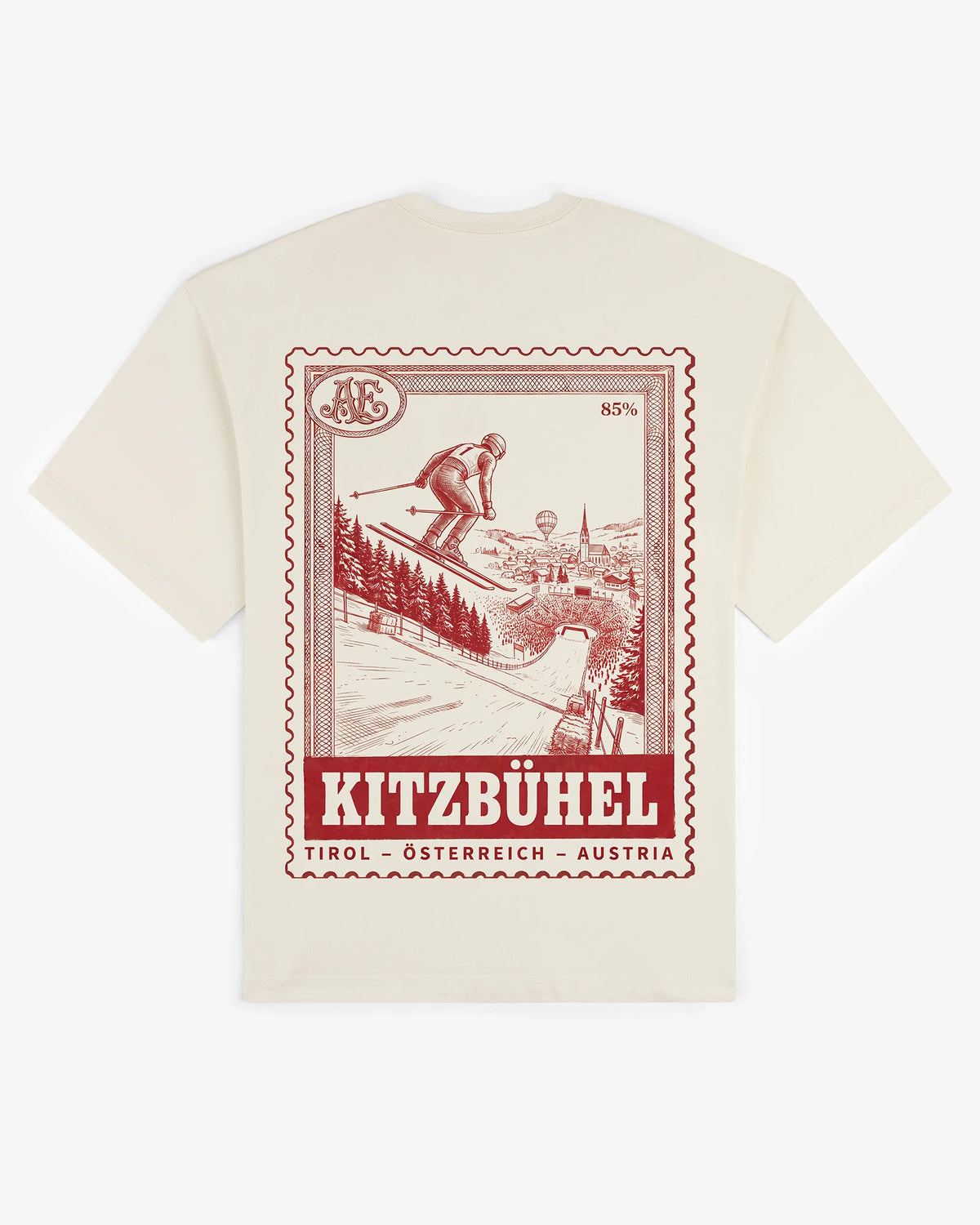 Ecru cotton Kitzbühel tee, back view, with an engraved Kitzbühel resort stamp print