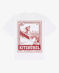 White cotton Kitzbühel tee, back view, with an engraved Kitzbühel resort stamp print