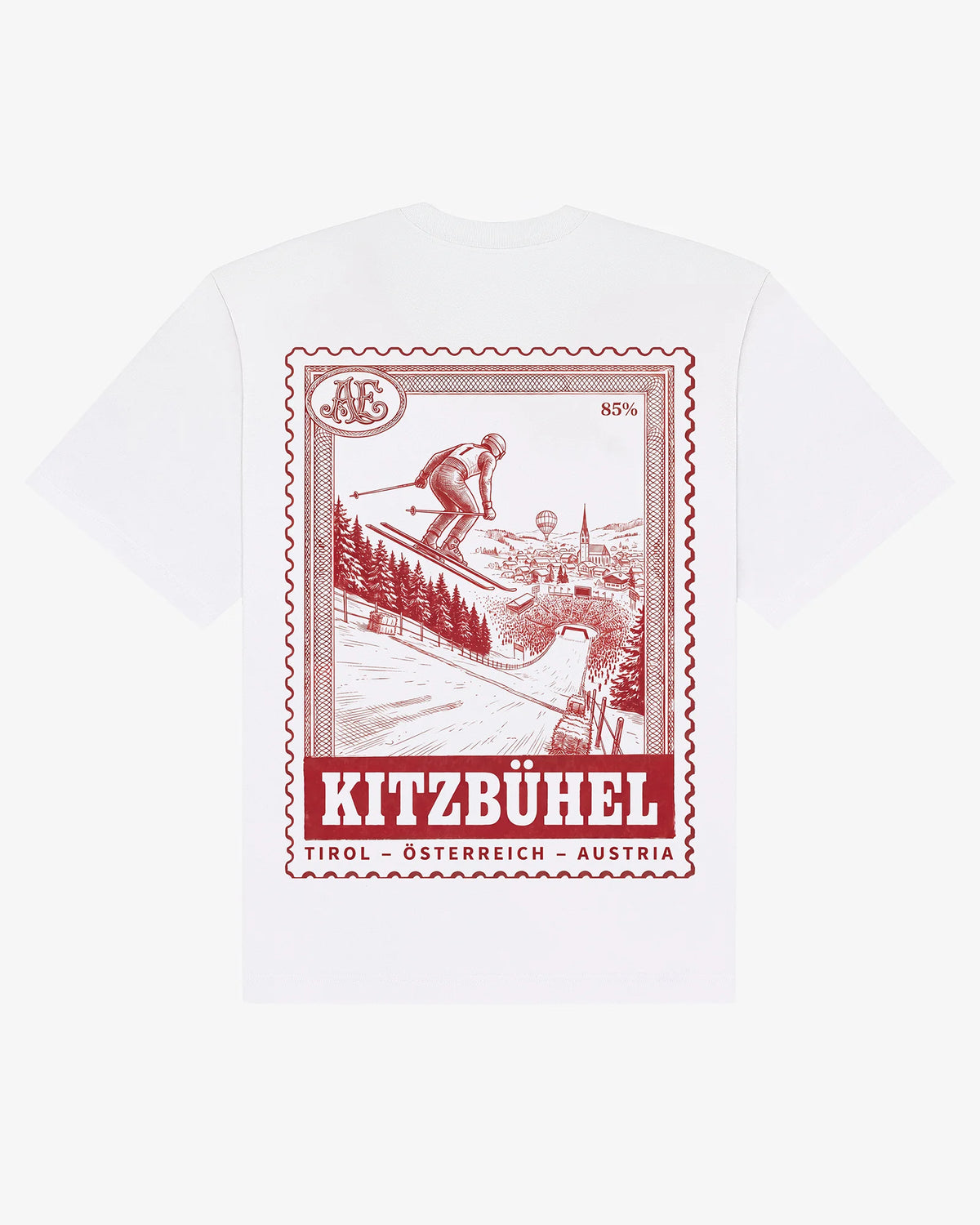 White cotton Kitzbühel tee, back view, with an engraved Kitzbühel resort stamp print