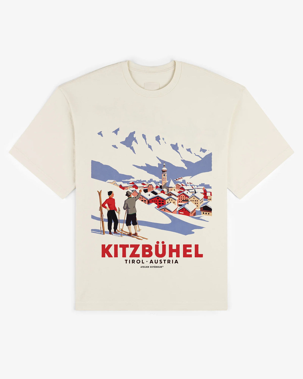 Ecru cotton Kitzbühel Vintage tee, front view, with a retro Austrian ski poster print