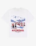 White heavyweight cotton Kitzbühel Vintage tee, front view, with a retro Austrian ski poster print