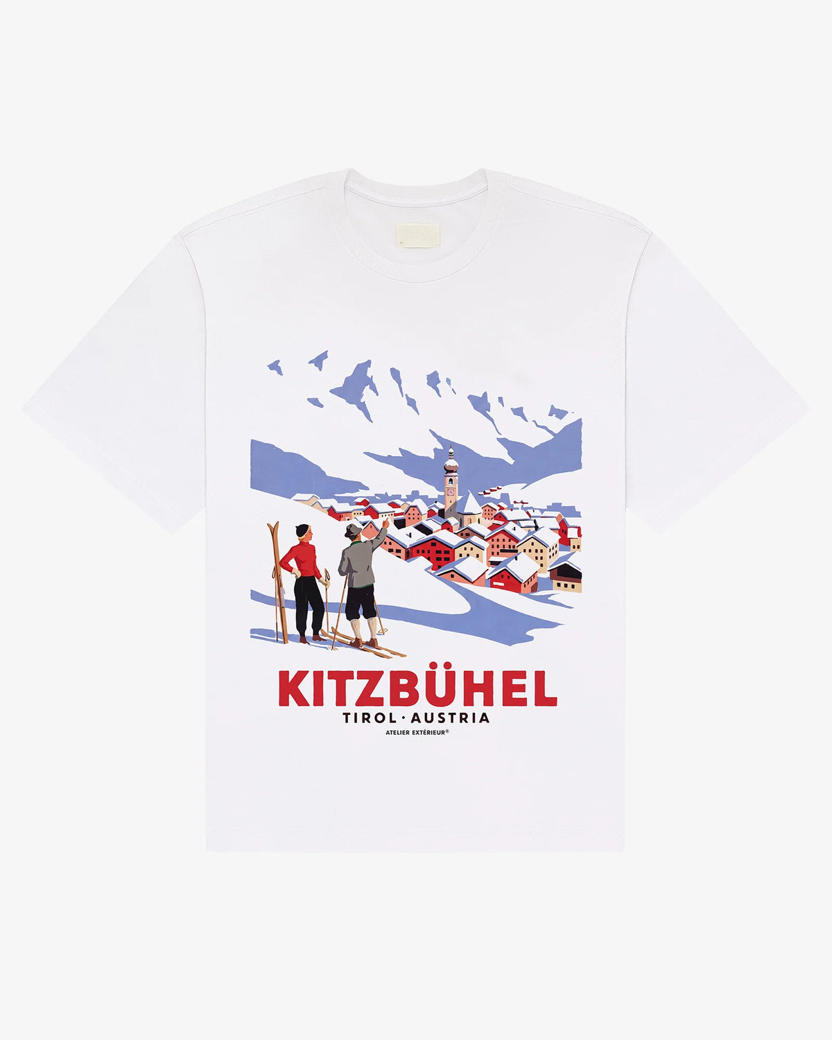 White heavyweight cotton Kitzbühel Vintage tee, front view, with a retro Austrian ski poster print