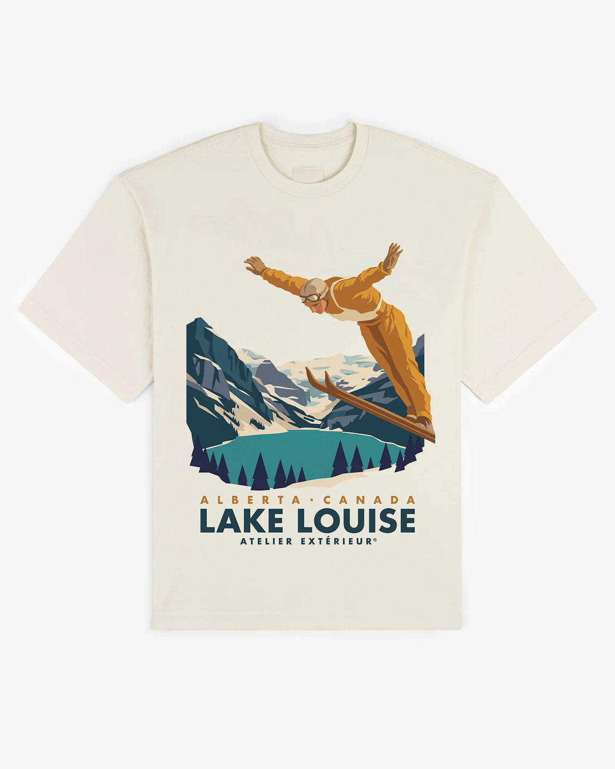 Ecru cotton Lake Louise tee, front view, with a vintage Canadian Rockies ski poster print