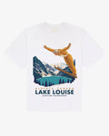 White heavyweight cotton Lake Louise tee, front view, with a vintage Canadian Rockies ski poster print