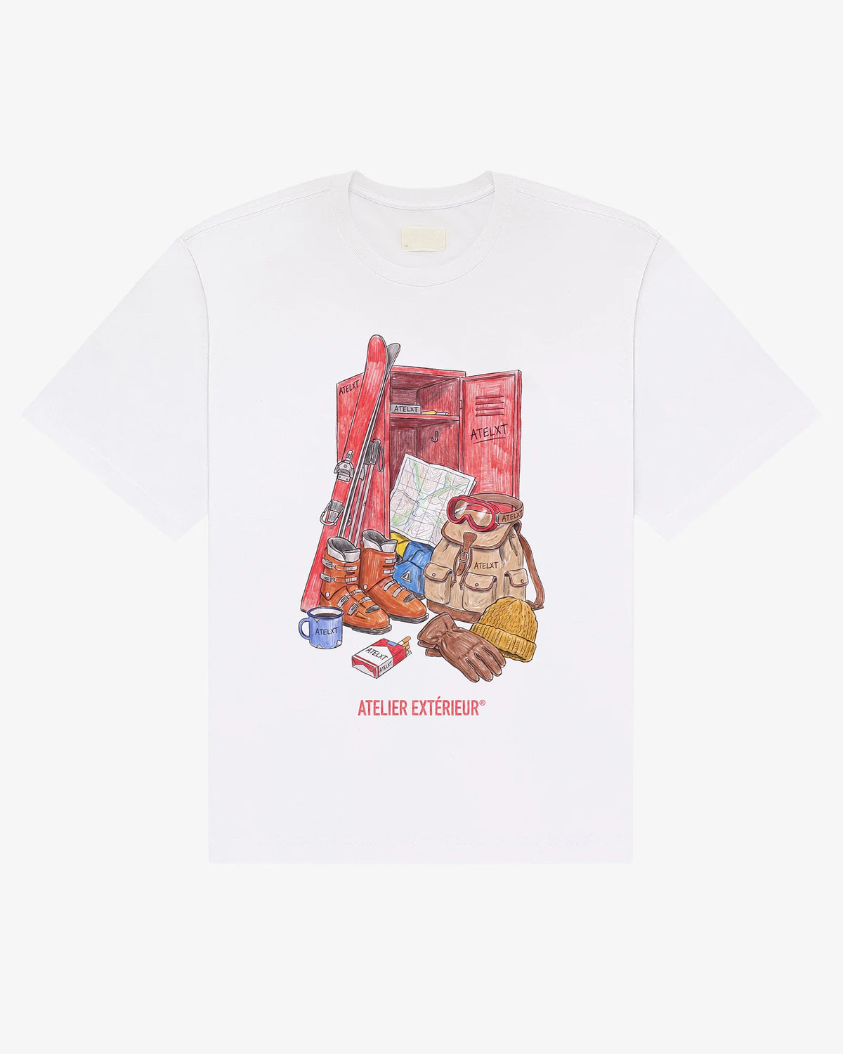 White cotton Locker tee, front view, with a hand-drawn red ski locker and vintage alpine kit