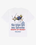 White heavyweight cotton Money tee, back view, with a cartoon skiing frog and the slogan Ski trips are my favorite waste of money