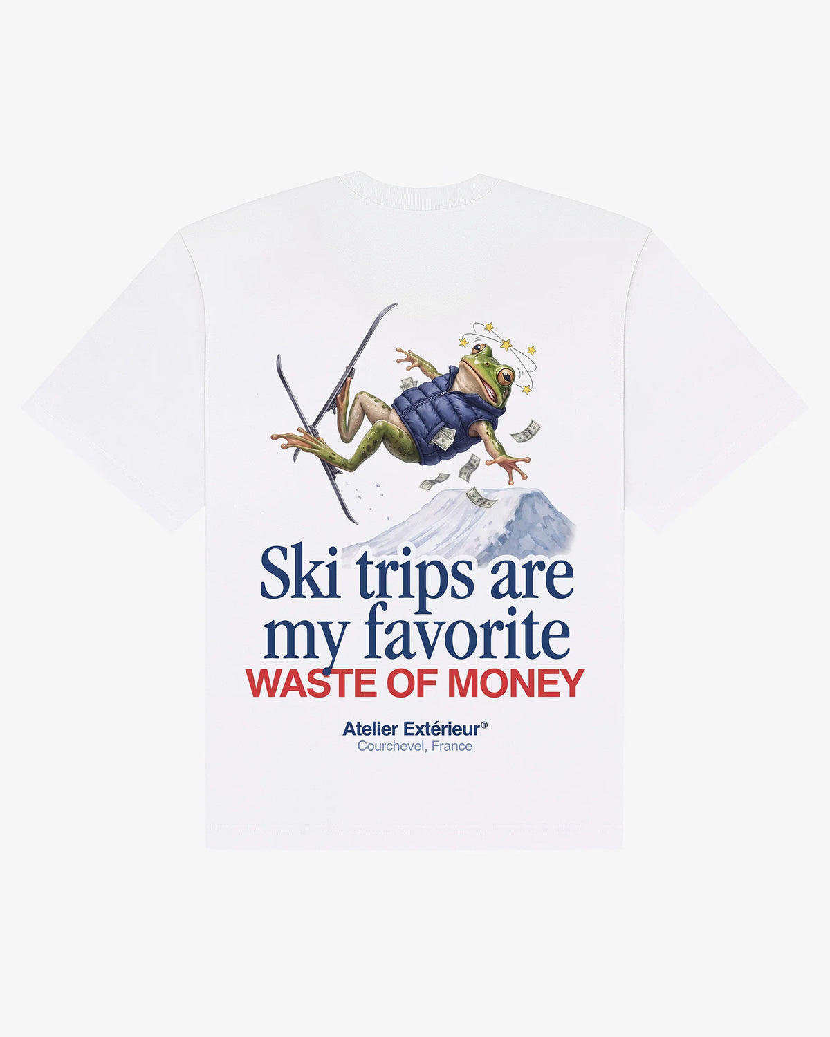 White heavyweight cotton Money tee, back view, with a cartoon skiing frog and the slogan Ski trips are my favorite waste of money