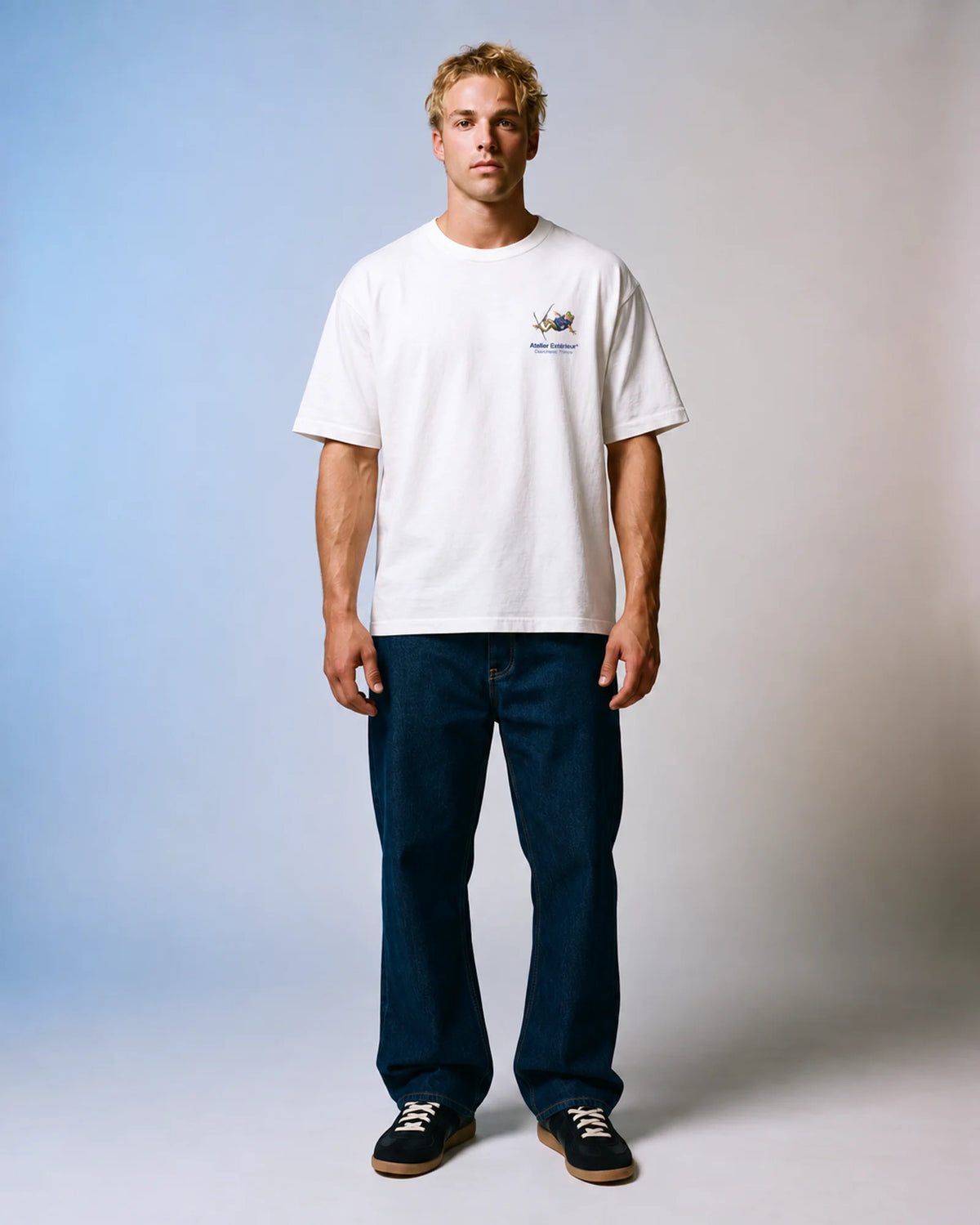 Model wearing the white Money tee in a studio, front view