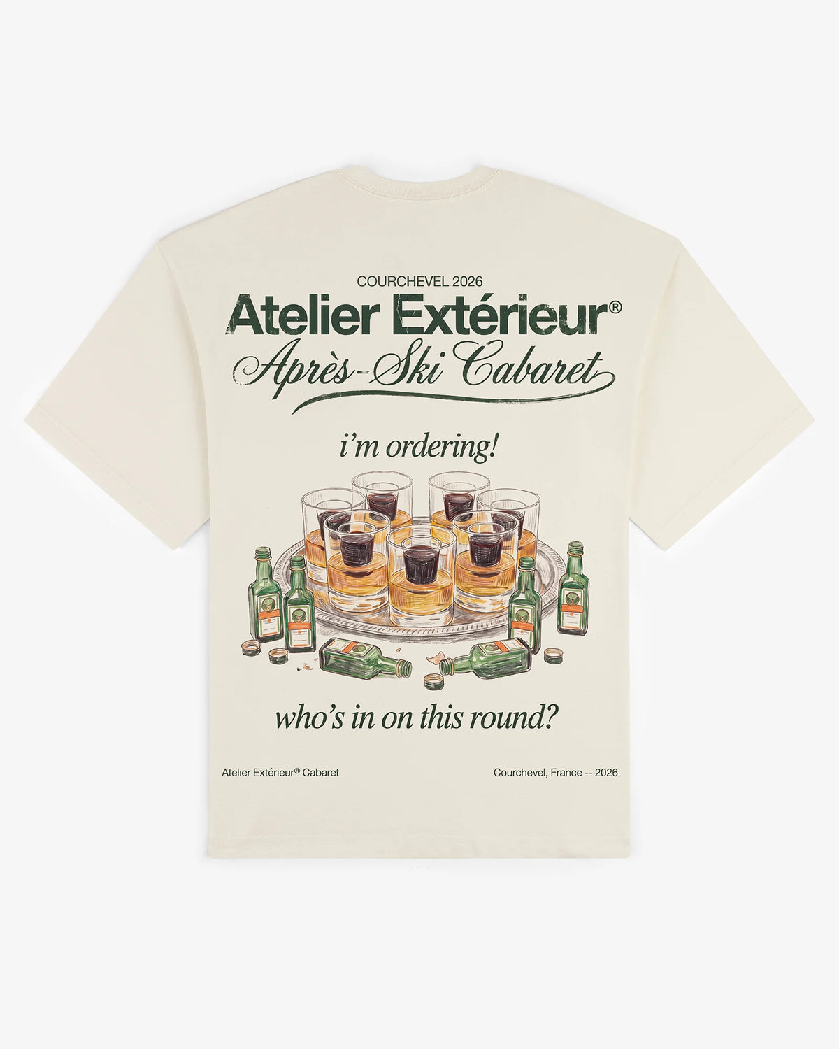 Ecru cotton My Round tee, back view, with a hand-painted après-ski cabaret tray of drinks
