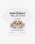 White heavyweight cotton My Round tee, back view, with a hand-painted après-ski cabaret tray of drinks