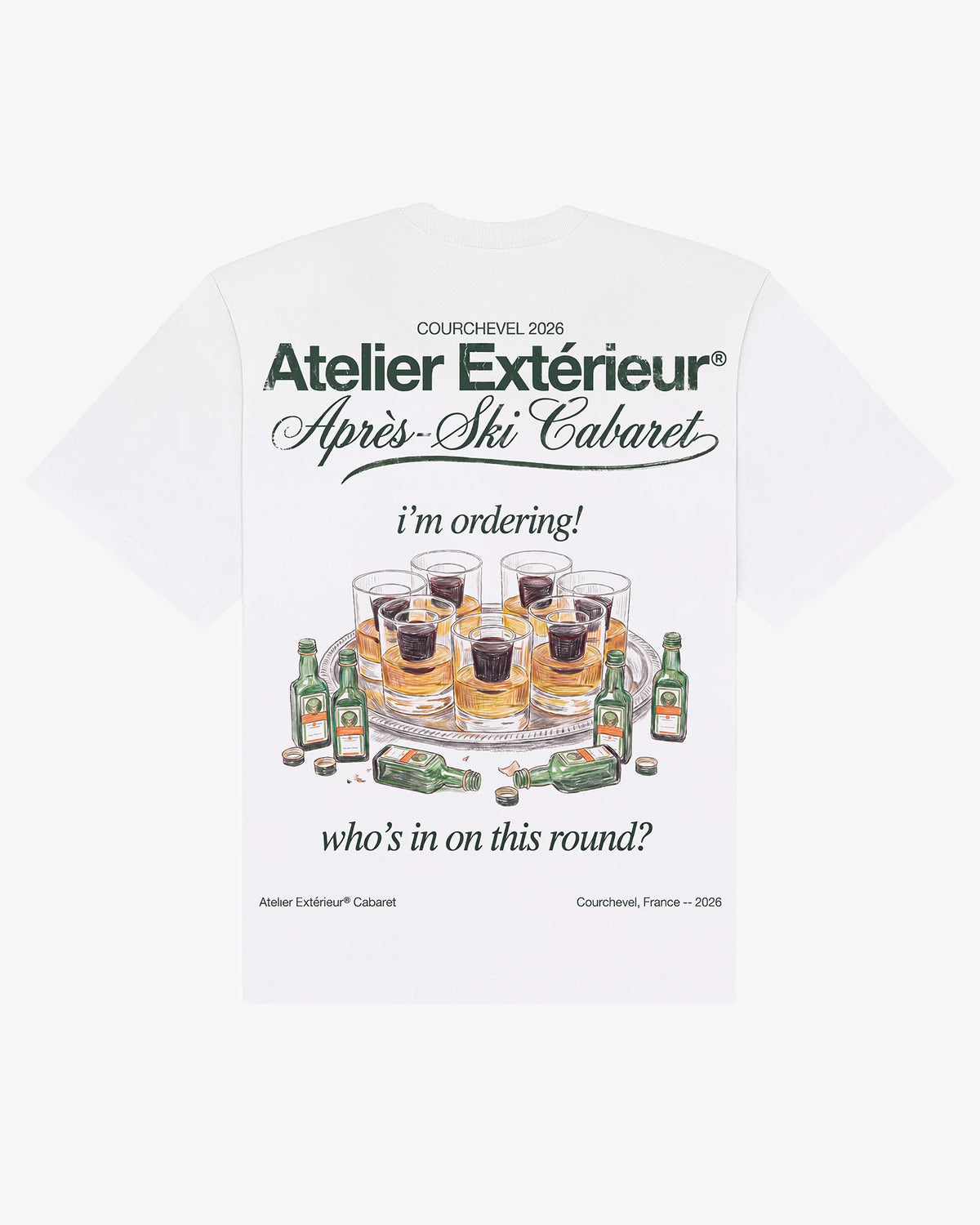 White heavyweight cotton My Round tee, back view, with a hand-painted après-ski cabaret tray of drinks