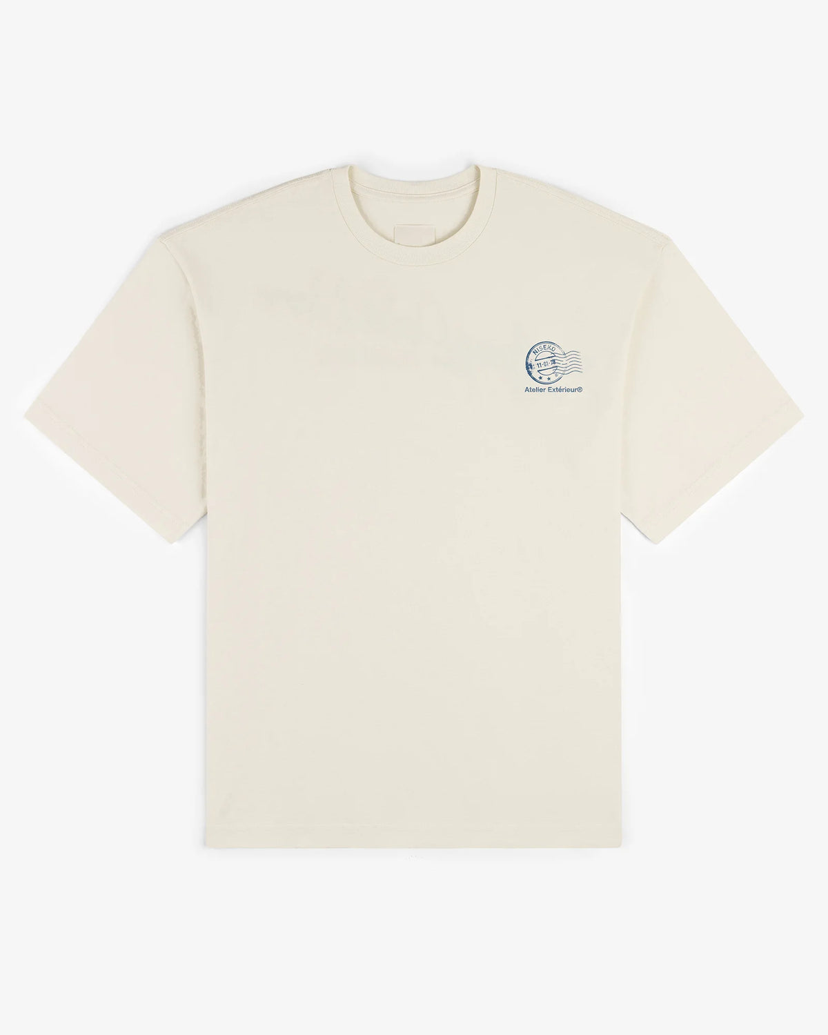 Ecru Niseko tee, front view, with a small chest print