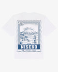 White heavyweight cotton Niseko tee, back view, with an engraved Niseko resort stamp print