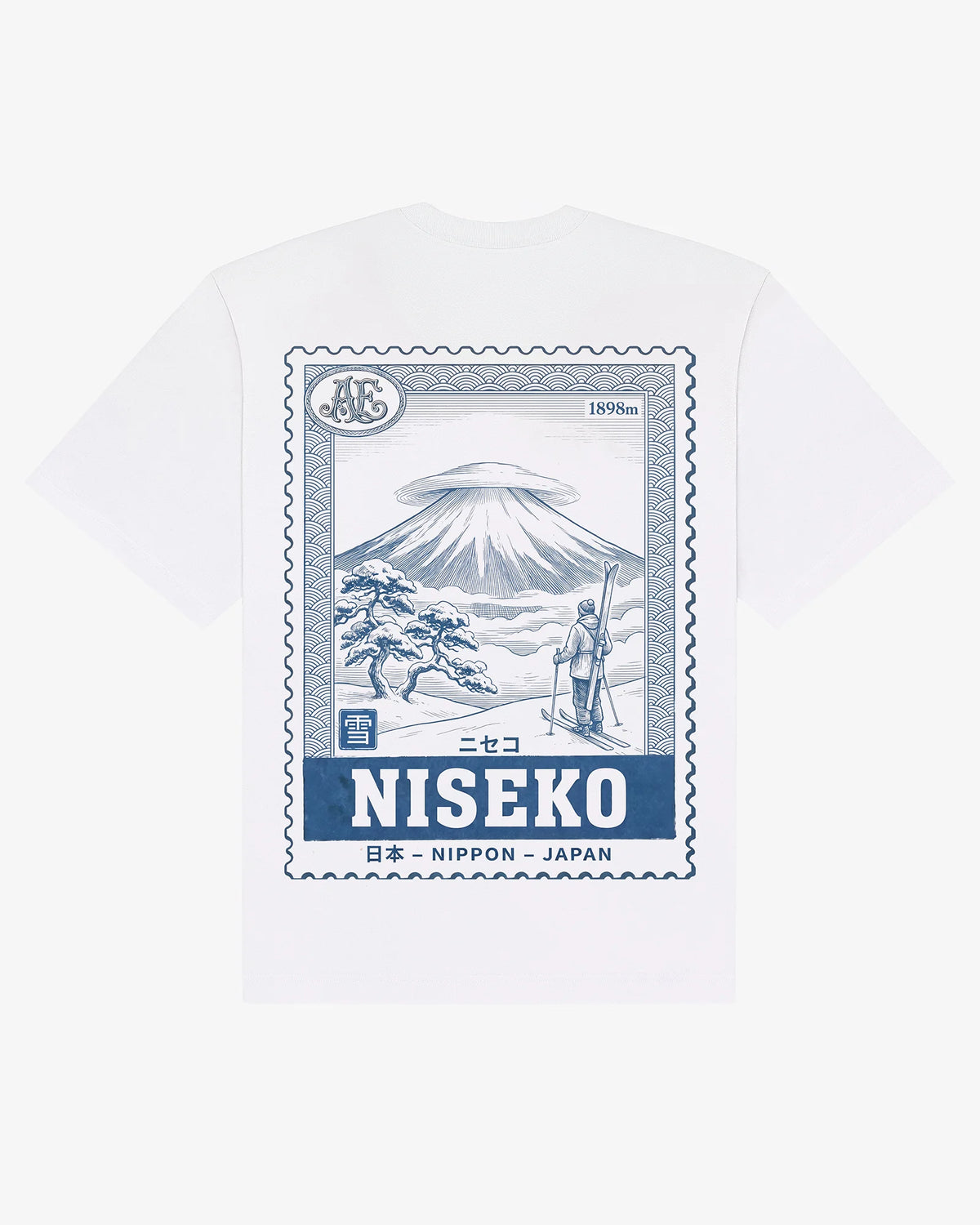 White heavyweight cotton Niseko tee, back view, with an engraved Niseko resort stamp print