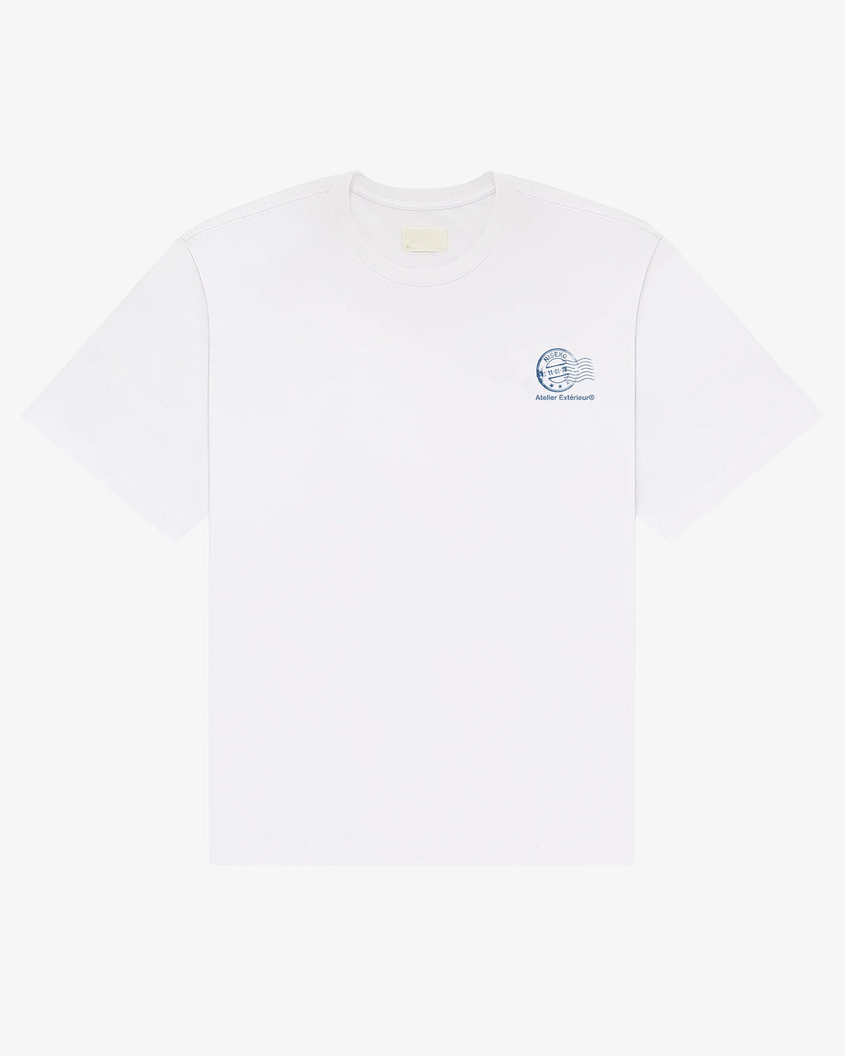 White Niseko tee, front view, with a small chest print