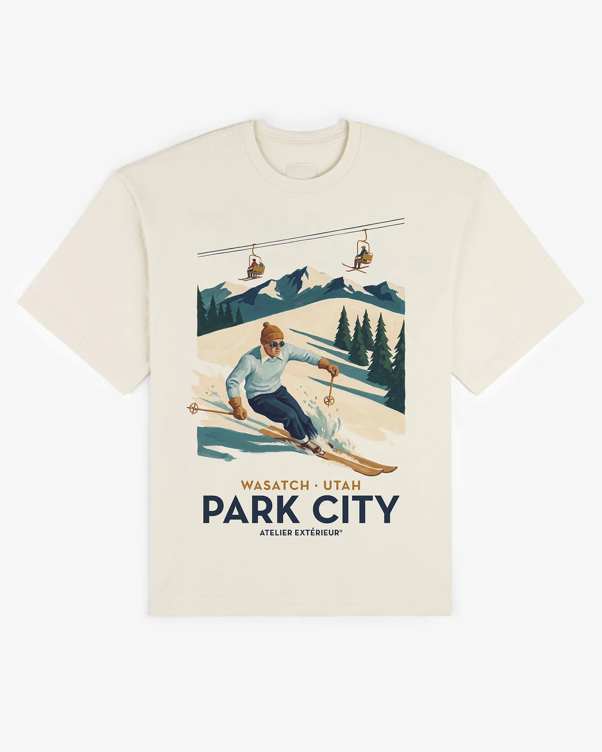 Ecru cotton Park City tee, front view, with a vintage Utah ski poster print
