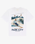 White heavyweight cotton Park City tee, front view, with a vintage Utah ski poster print