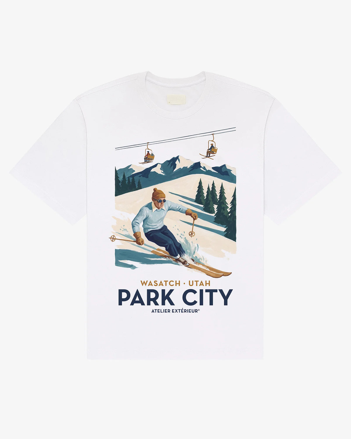 White heavyweight cotton Park City tee, front view, with a vintage Utah ski poster print