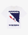 White heavyweight cotton Powder to the People tee, front view, with the slogan print