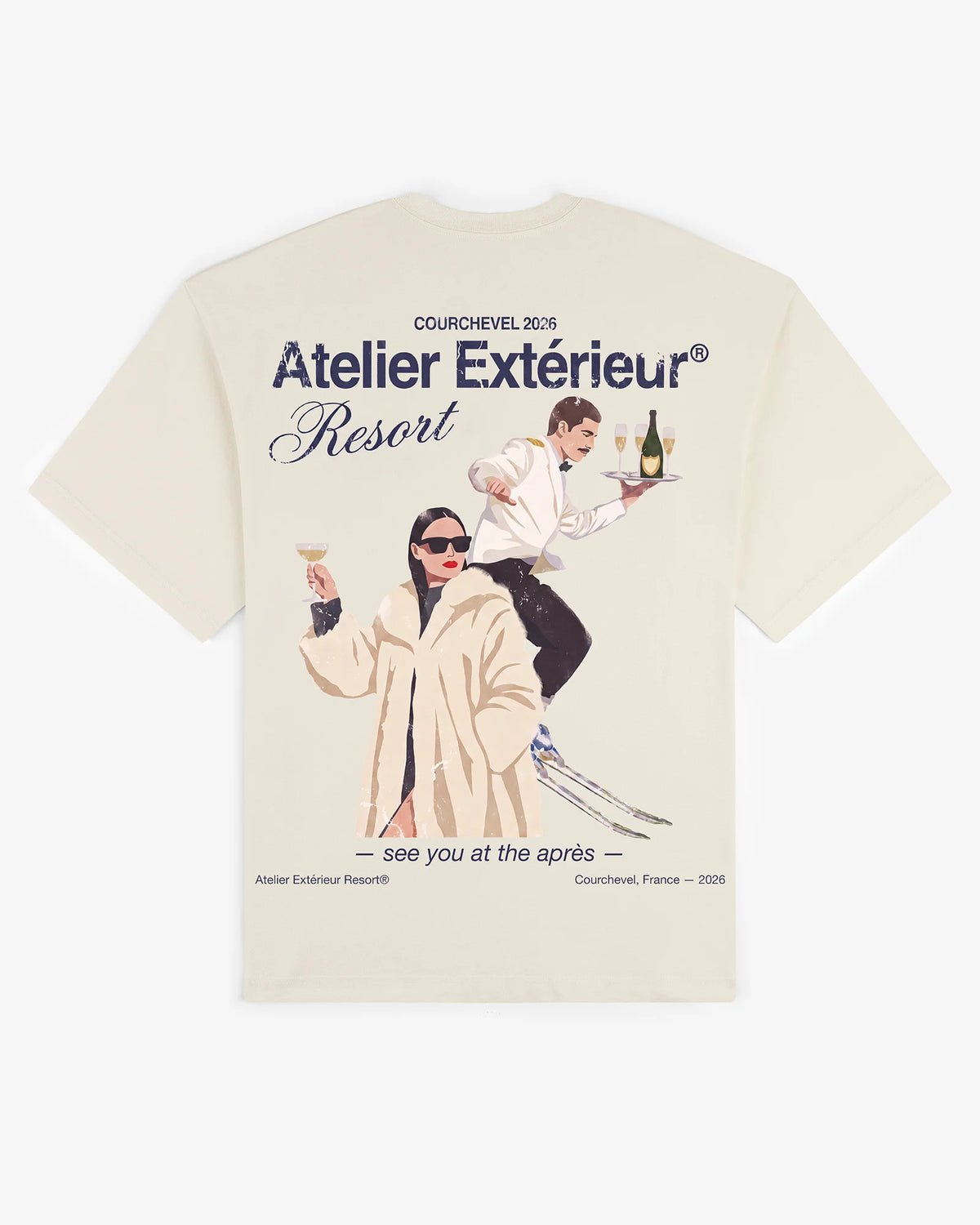 Ecru cotton Resort tee, back view, with the vintage resort print