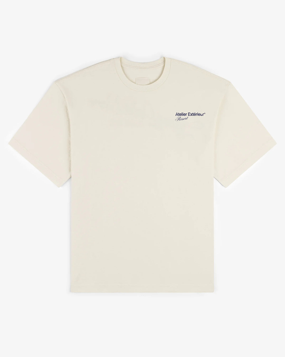 Ecru Resort tee, front view, with a small chest print