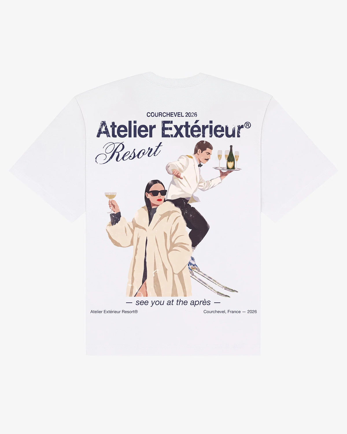White cotton Resort tee, back view, with the vintage resort print