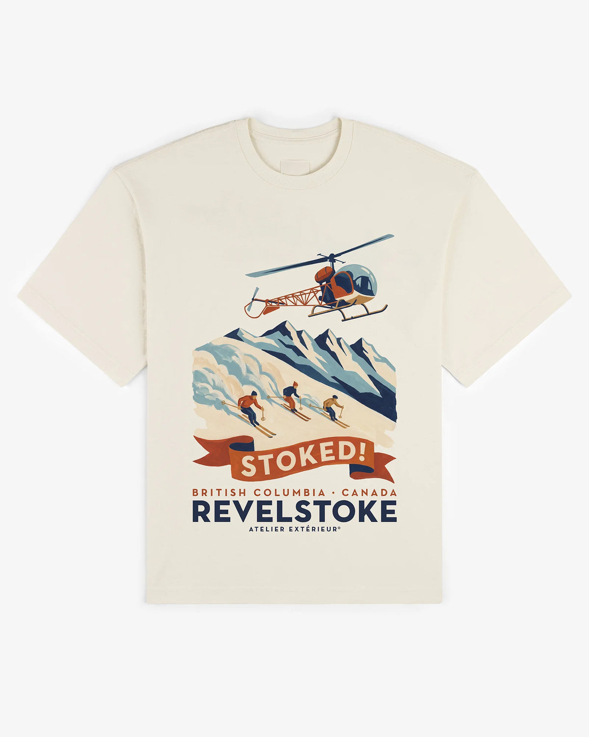 Ecru cotton Revelstoke tee, front view, with a vintage British Columbia ski poster print