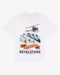 White heavyweight cotton Revelstoke tee, front view, with a vintage British Columbia ski poster print