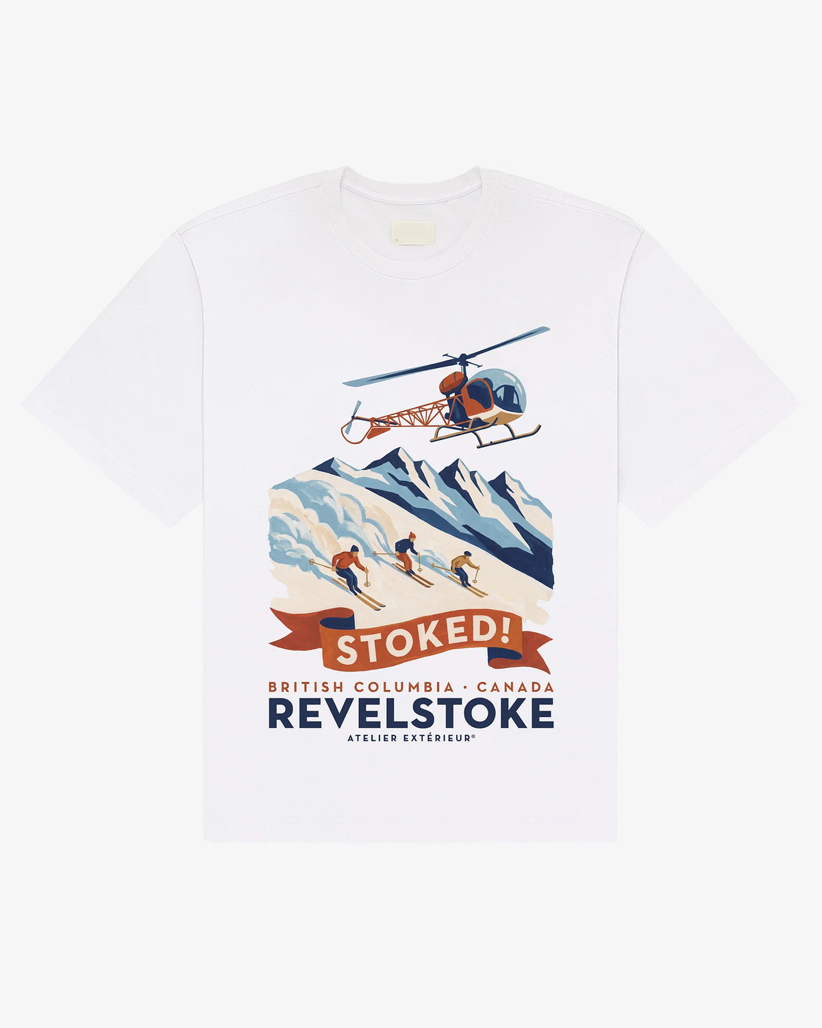 White heavyweight cotton Revelstoke tee, front view, with a vintage British Columbia ski poster print