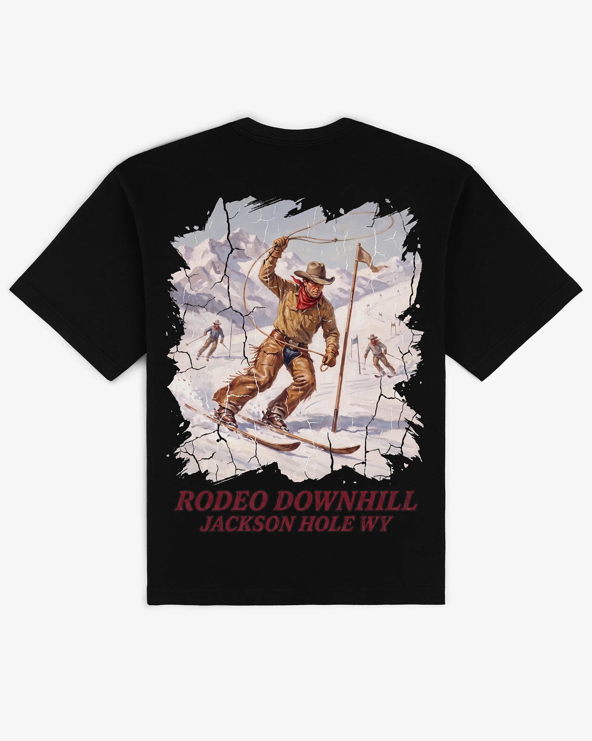 Black cotton Rodeo Downhill tee, back view, with the western ski print