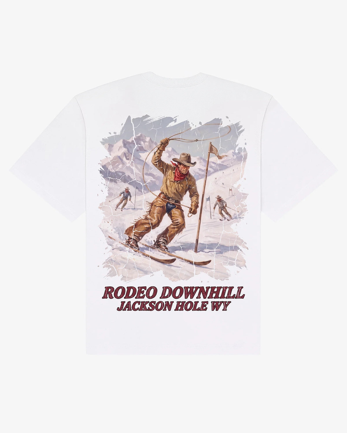 White cotton Rodeo Downhill tee, back view, with the western ski print