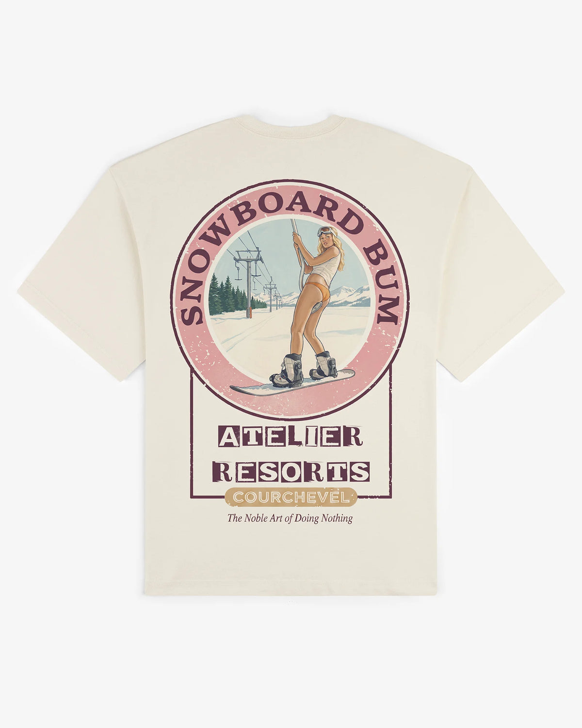 Snowboard Bum tee in ecru, flat lay back view with vintage Atelier Resorts Courchevel graphic