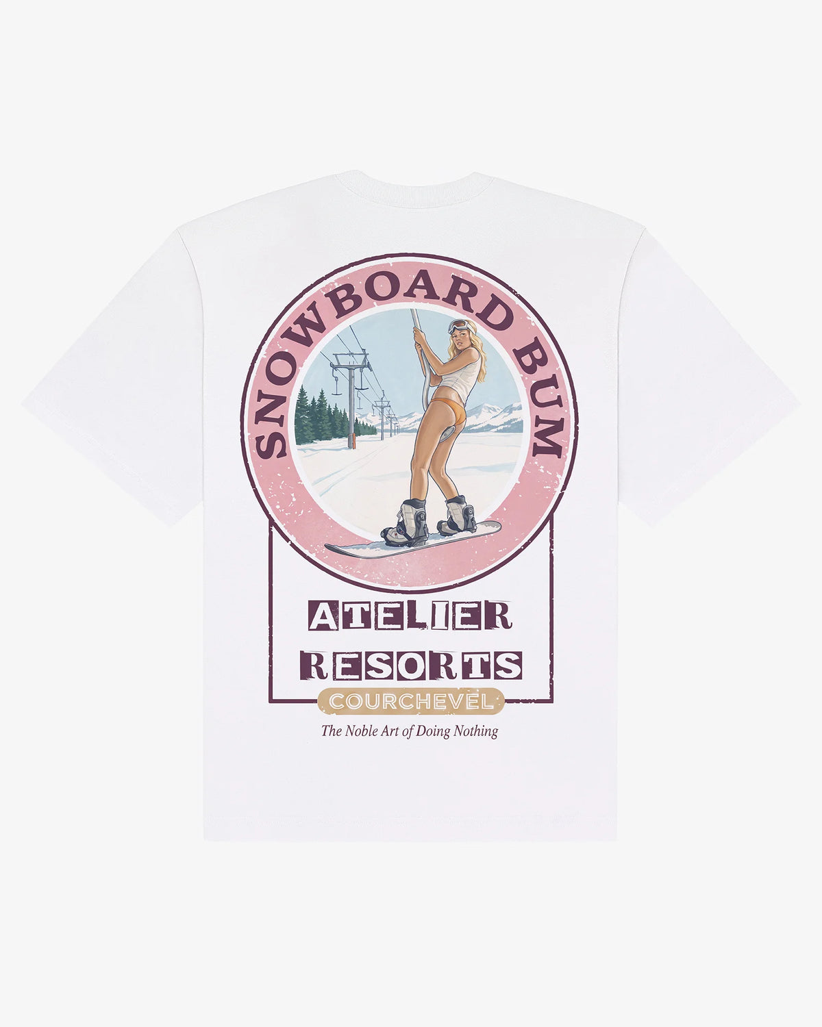 Snowboard Bum tee in white, flat lay back view with vintage Atelier Resorts Courchevel graphic