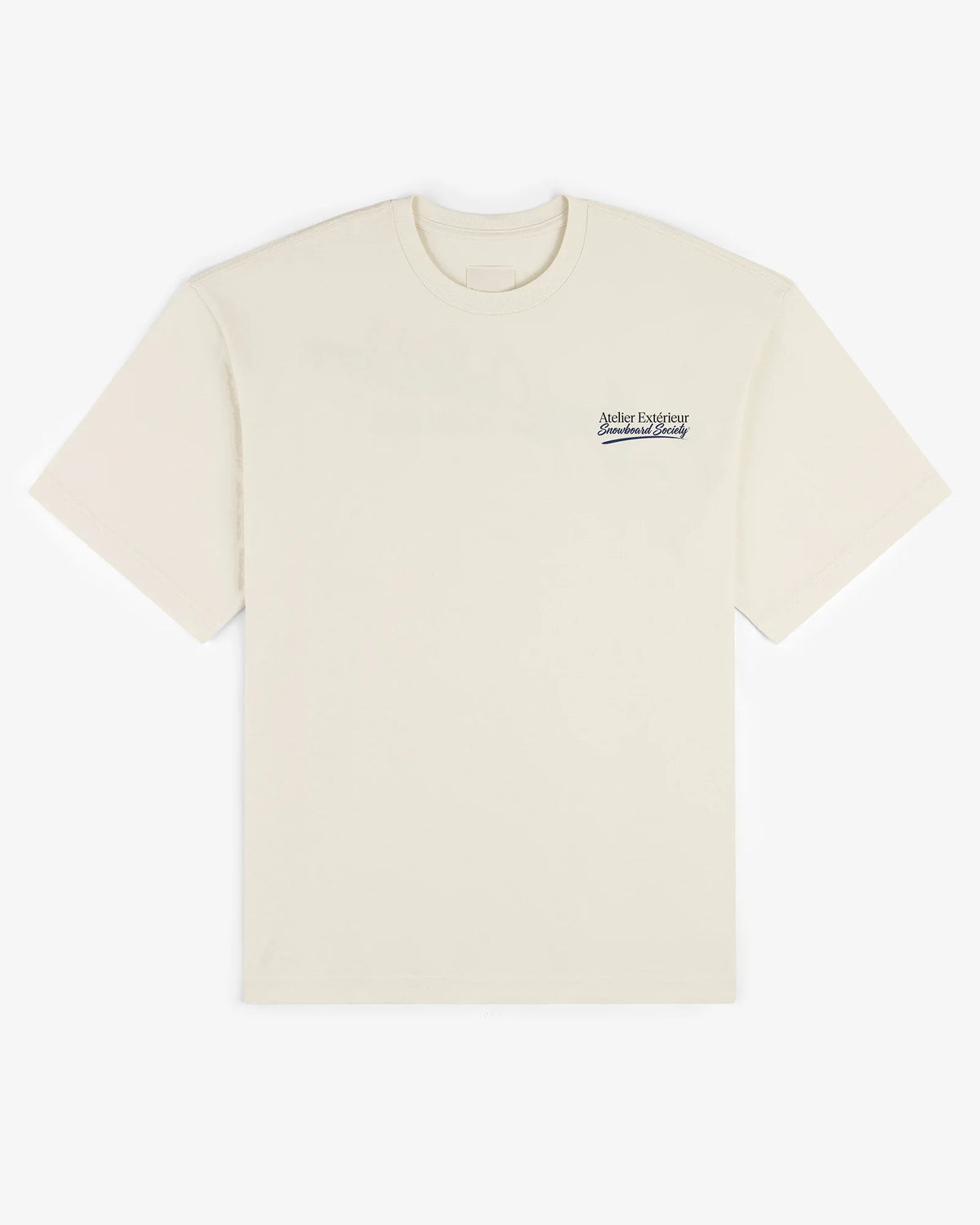 Snowboard Society tee in ecru, flat lay front view with small chest print