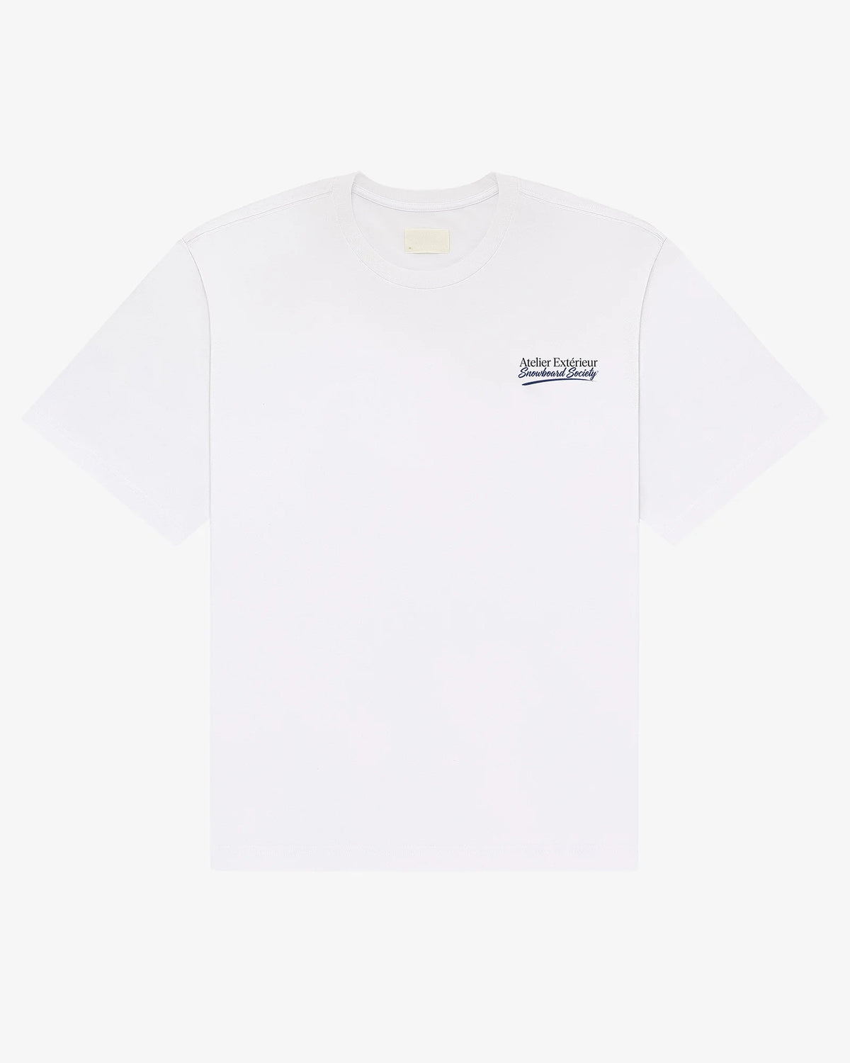 Snowboard Society tee in white, flat lay front view with small chest print