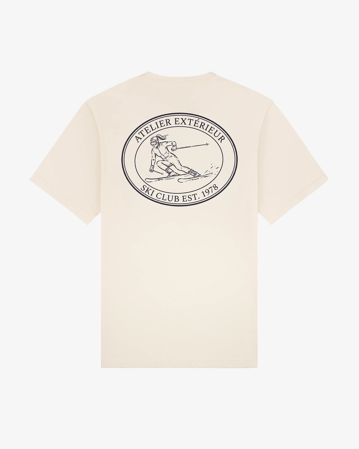 Ski Club women's tee in ecru, back view, oval Atelier Extérieur Ski Club Est. 1978 emblem with skier
