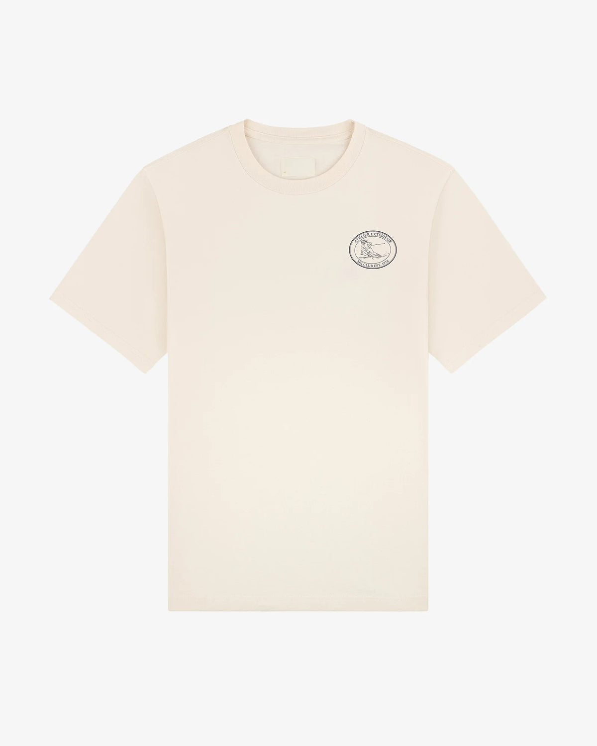 Ski Club women's tee in ecru, front view, small Ski Club emblem at the chest