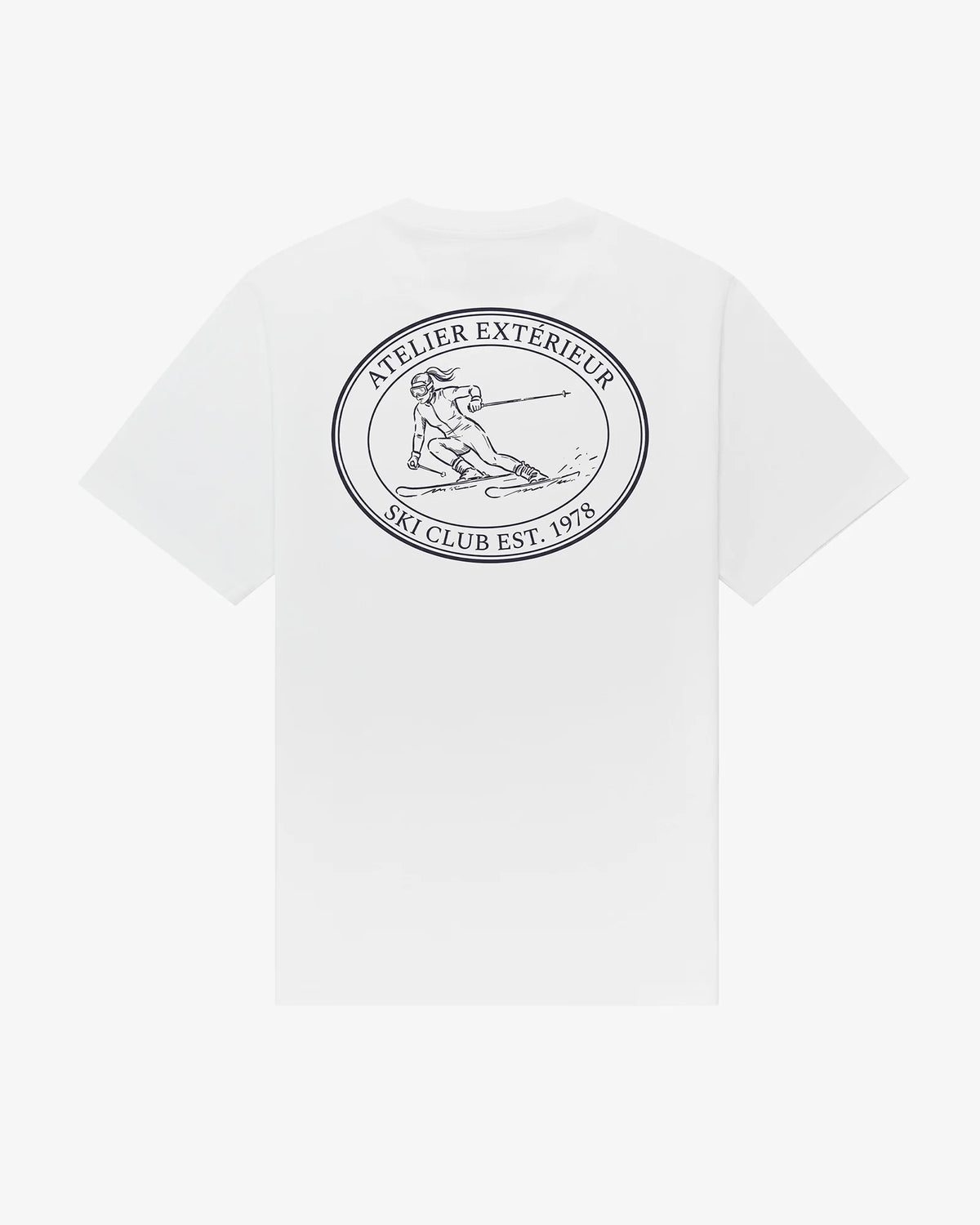 Ski Club women's tee in white, back view, oval Atelier Extérieur Ski Club Est. 1978 emblem with skier