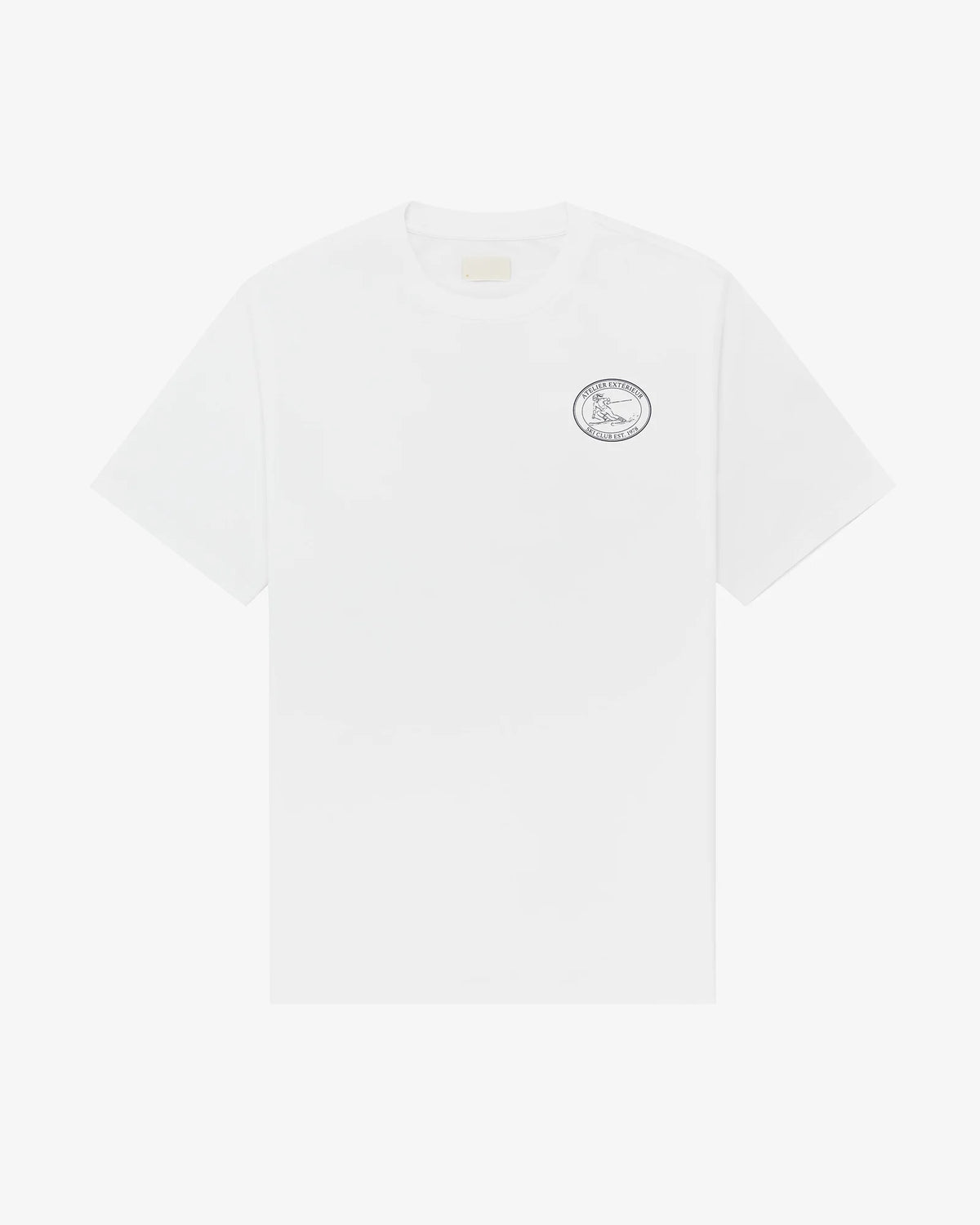 Ski Club women's tee in white, front view, small Ski Club emblem at the chest
