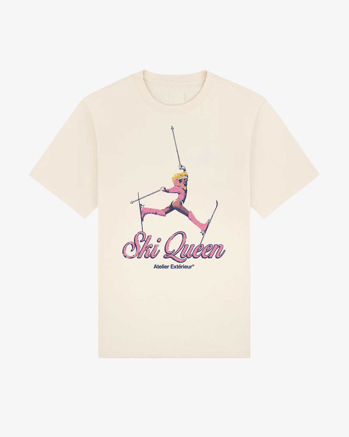 Ski Queen women's tee in ecru, front view, skier mid-air in a pink one-piece above Ski Queen script