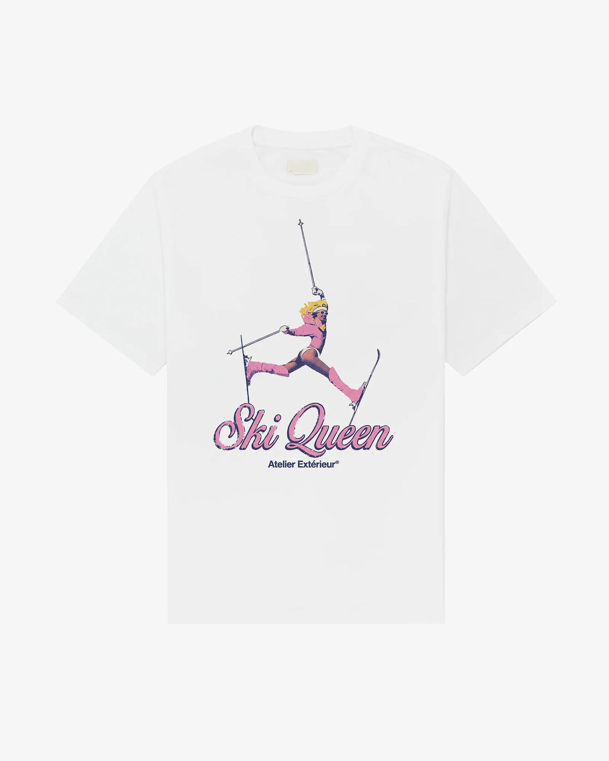 Ski Queen women's tee in white, front view, skier mid-air in a pink one-piece above Ski Queen script