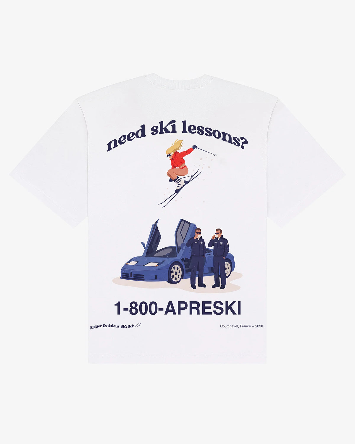Ski School tee in white, flat lay back view with a need ski lessons 1-800-APRESKI graphic print