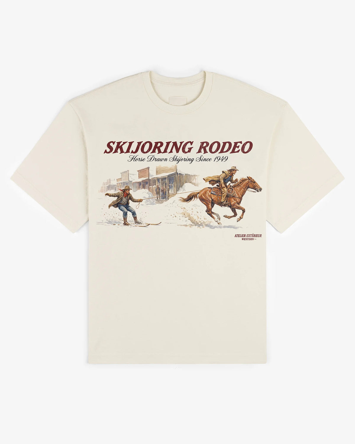 Skijoring tee in ecru, flat lay front view with vintage Skijoring Rodeo western graphic