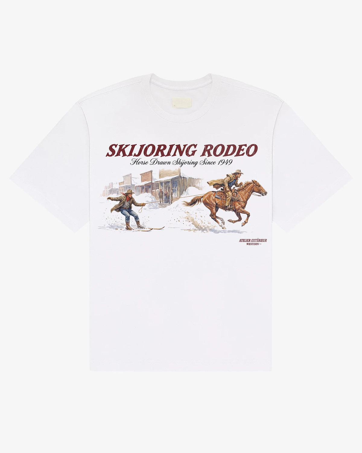 Skijoring tee in white, flat lay front view with vintage Skijoring Rodeo western graphic