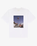 White cotton Ski Jump tee, front view, with a vintage ski jumping print