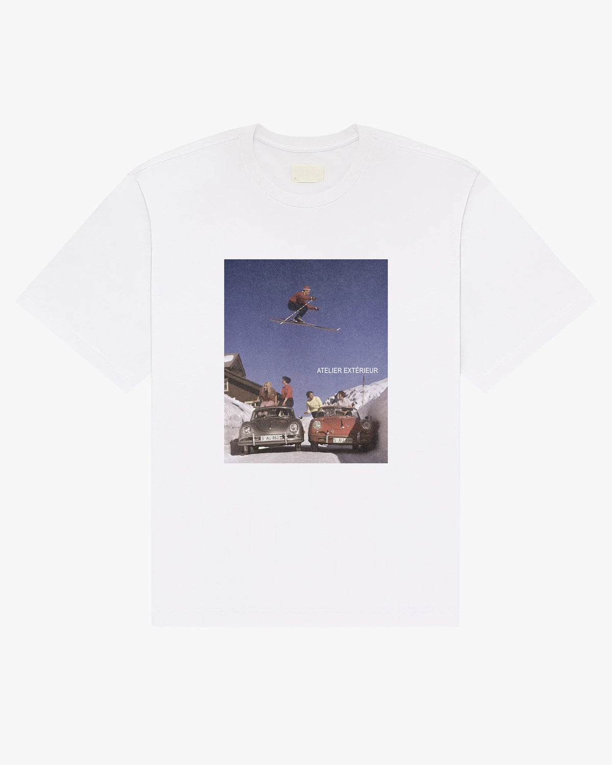 White cotton Ski Jump tee, front view, with a vintage ski jumping print